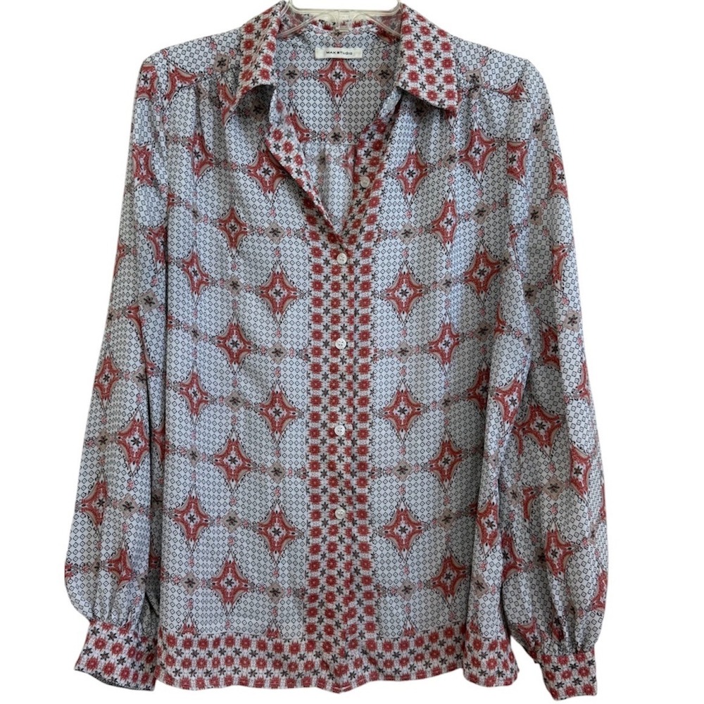 Max Studio Women Red Black Geometric Diamond Print Button Down Blouse 2710D34